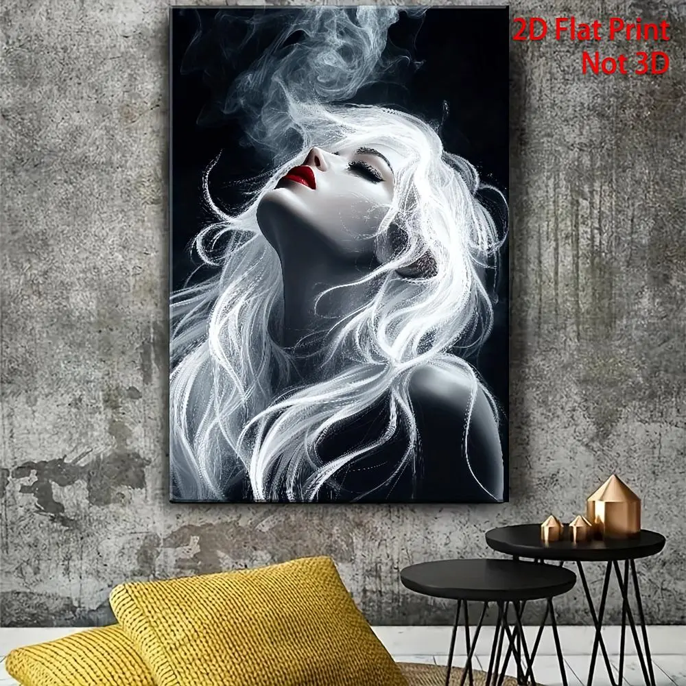 1pc 2D Silver-Haired Woman Smoke Effect Canvas Painting with Wrapped Frame, 16x24in Ready-to-Hang Wall Art Print, Modern Simple Home Supplies Wall Decor for Living Room, Halloween/Christmas/Housewarming Gift