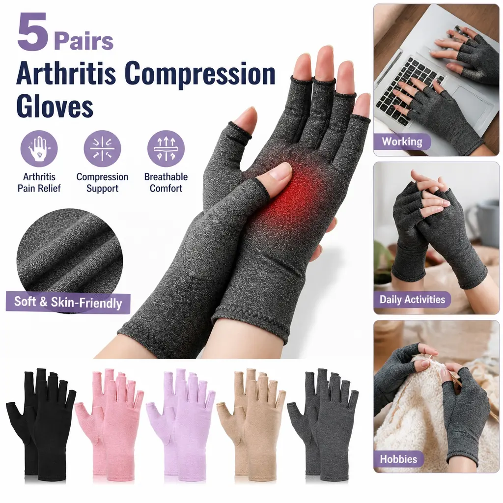 5 Pairs Soft Cotton Fingerless Mild Compression Gloves - Breathable Hand Support for Men, Arthritis Relief, Carpal Tunnel Ease, Grip Stays Natural - Specialty Kitchen Utensil Accessory