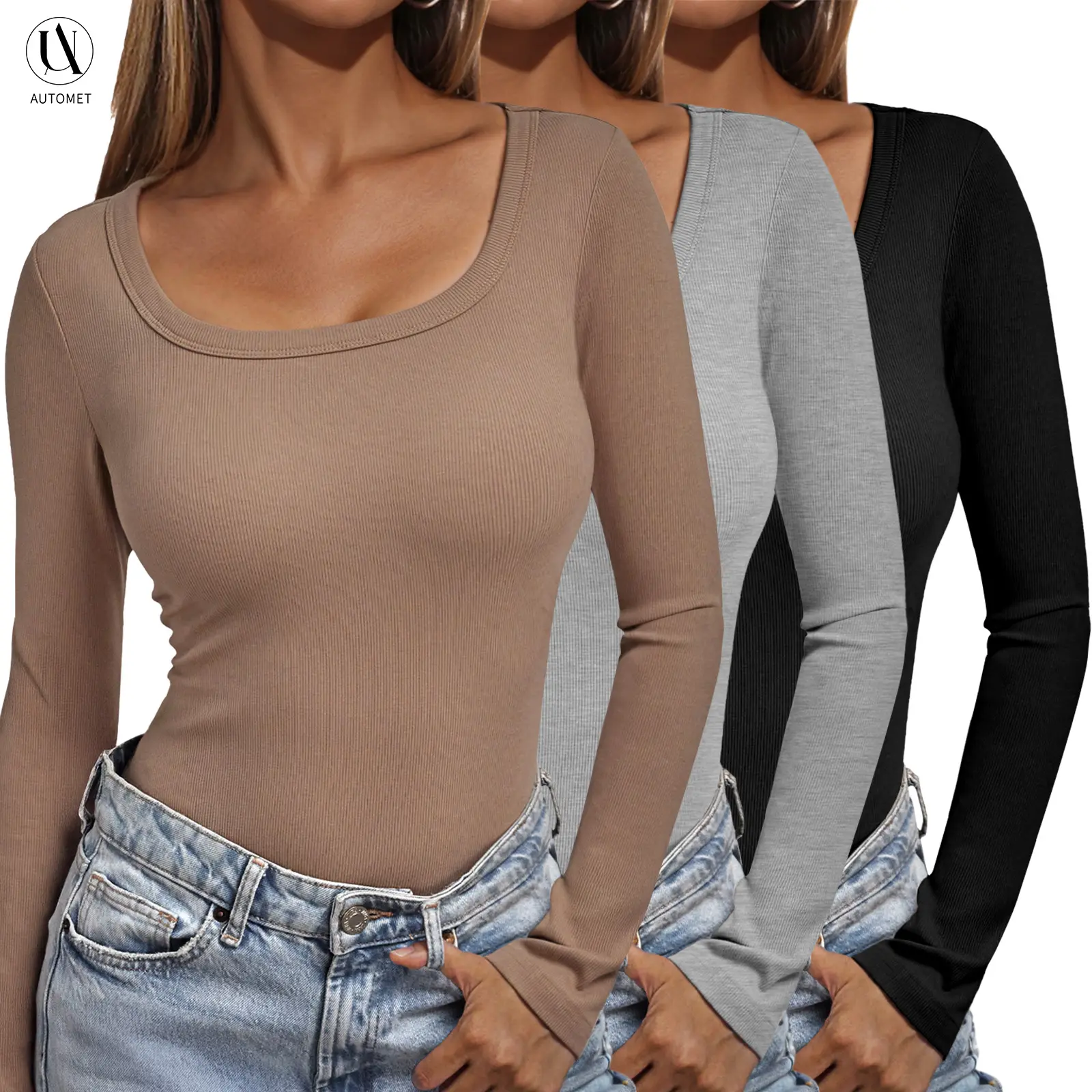 AUTOMET Women's 3-Pack Ribbed Knit Long Sleeve Crop Tops, Scoop Neck Slim Fit Casual Basic Tees for Fall Outfits, Knitwear