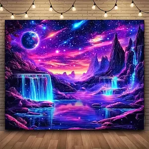 1pc Vibrant Fantasy Waterfall & Galaxy Tapestry - Polyester Blacklight Reactive Wall Hanging with Starry Night Sky, Ideal for Bedroom, Living Room, Dorm Decor & Dark Party Events, Waterfall Wall Decor, Perfect for Room Deco