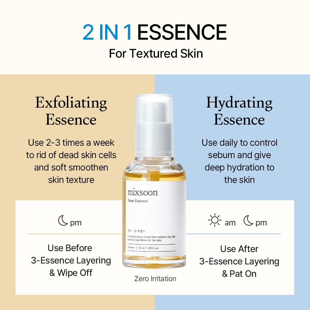[mixsoon] Bean Essence Duo (50ml x 2) – Gentle Exfoliating Korean Skin Care Essence for Hydrating, Smoother Texture and a Dewy, Glass-Skin