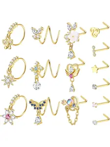 Pack of 15 20G Dangling Nose Ring Nose Piercing Stud for Women Nose Studs for Women Nose Stud Nose Piercing Ring Gold Silver L Shape Corkscrew Nose Stud Ring Piercing for Women Nose Piercing Jewelry