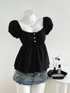 Women's Button Front Half Open Square Neck Top, Polka Dot Bubble Sleeves, Waist Cinched Slim Fit, Fashion Versatile T-Shirt