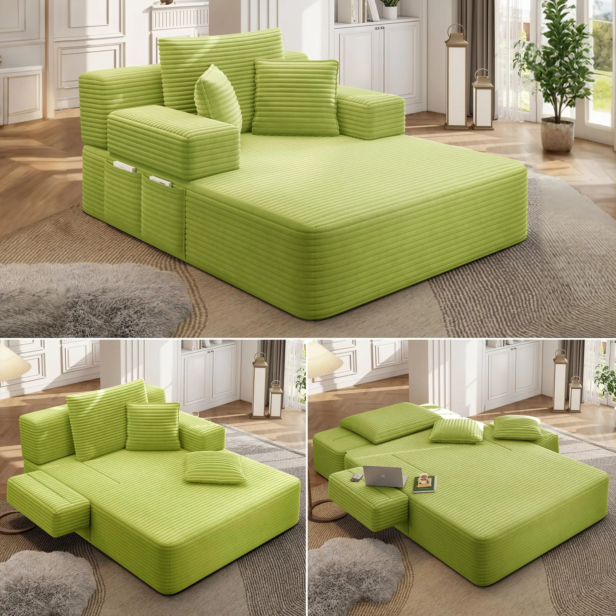 70‘’Luxurious Plush Corduroy Chaise Lounge with 3 Pillows, Convertible Sofa Bed with Storage Pocket, Frameless Design & Compression Foam for Small Spaces, Living Room, Apartment