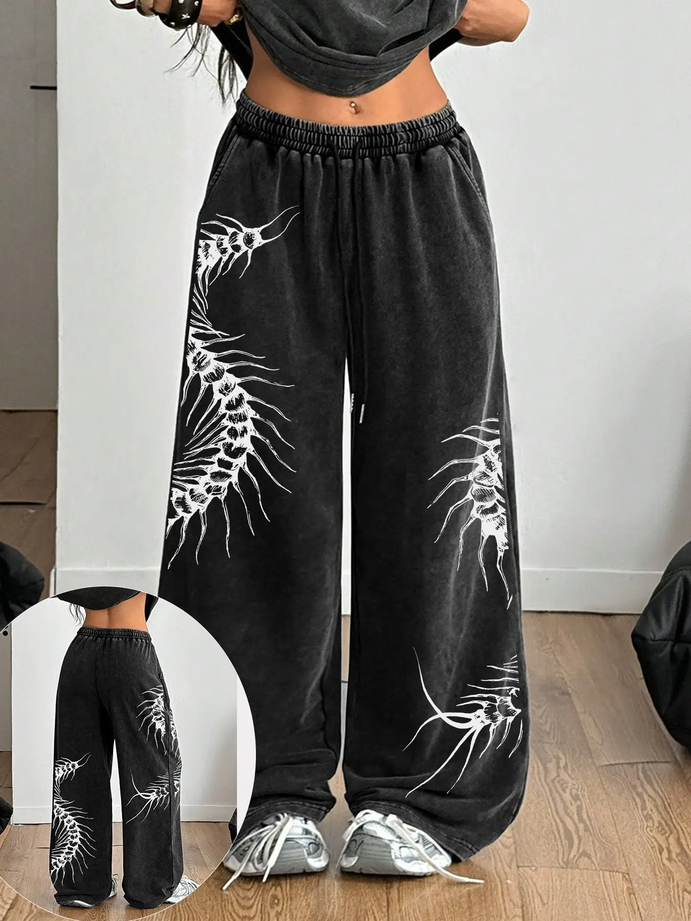 Women's Washed Vintage Casual Fashion Loose Fit Straight Leg Sport Pants, Athleisure Style Pants, Spider Print, Drawstring Pockets, All Seasons Casual Long Pants, Casual Streetwear Pants