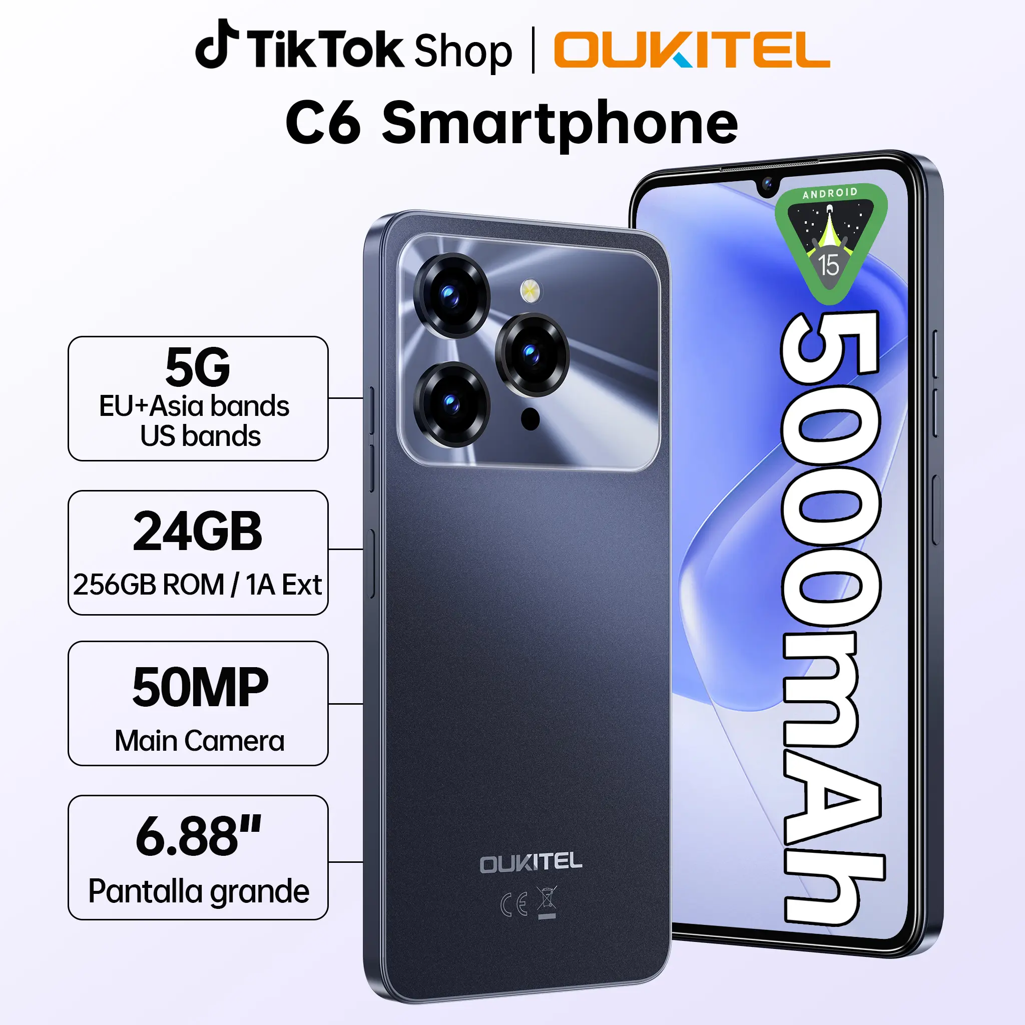 OUKITEL C6 5G Unlocked Smartphone - 24(8+16)GB RAM, 256GB ROM, Octa-Core MediaTek Dimensity 6300, 6.88''HD 90Hz Panel, 5150mAh Battery, 50MP + 5MP Camera, Android 15, 5G Dual SIM, Fingerprint Scan, 3.5mm Headphone Jack, T-Mobile Compatible