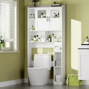 Over Toilet Storage Cabinet with Glass Door and Adjustable Shelves, 67.4 Inch Freestanding Bathroom Organizer for Toilet Laundry Room, Space Saving Floor Mount Bathroom Cabinet Furniture with Modern Wood Grain Design