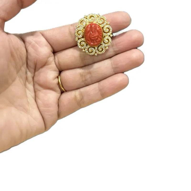 Traditional Gold-Tone Adjustable Costume Finger Ring, Intricate Red Ganesha Design, Ornate Traditional Rings, Religious Motif Rings