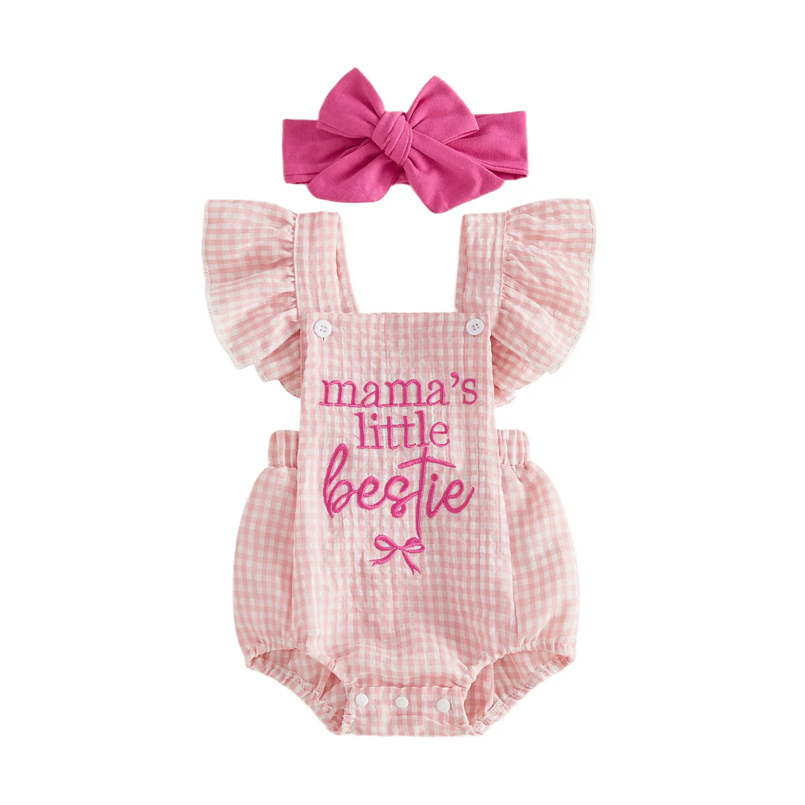[Lullaby] Newborn Baby Girl 2-Piece Summer Lullaby Rompers Set - Ruffle Sleeveless Bow Embroidery Bodysuit with Headband, Baby Clothing Sleeveless Onesies, Embroidered Bow