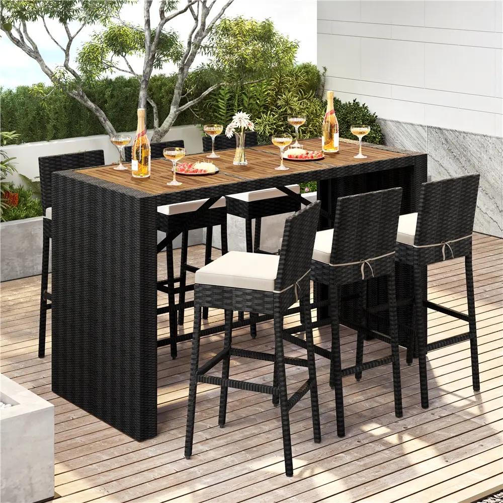 【4 Packages】Yaheetech 7-Piece Patio Dining Set, Outdoor Bar Set Table and Chairs with Removable Cushions, Acacia Wood Furniture Set for Deck, Backyard, Garden