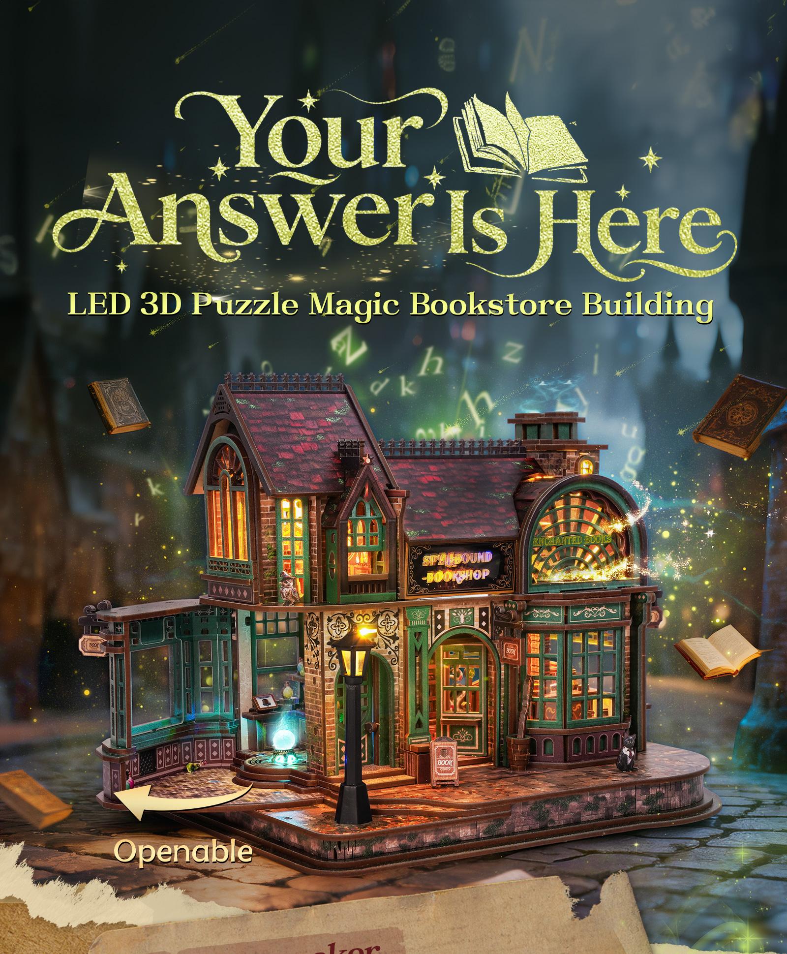 FUNPOLA LED 3D Wooden  Puzzle Magic Bookstore Building Model Kit - DIY Miniature Spellbound Bookshop - 3D Puzzle Architecture Craft Gift for Adults(Standard&Upgraded))