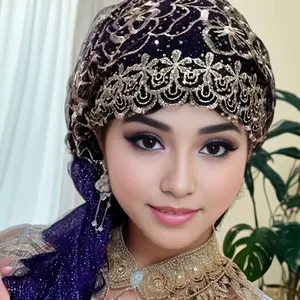 Elegant Double-Layer Stretchy Polyester Headscarf with Golden Floral Patterns & Tassels – Hand Washable, Perfect for Ramadan