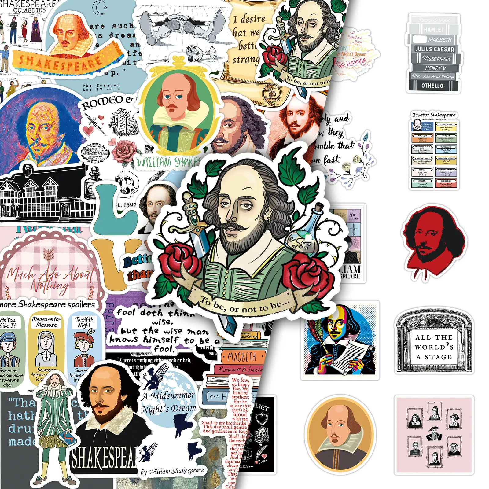 100pcs Shakespeare Stickers Set (2 Repeating Designs) - Literary Classic Decals for Journals, Phones & Skateboards
