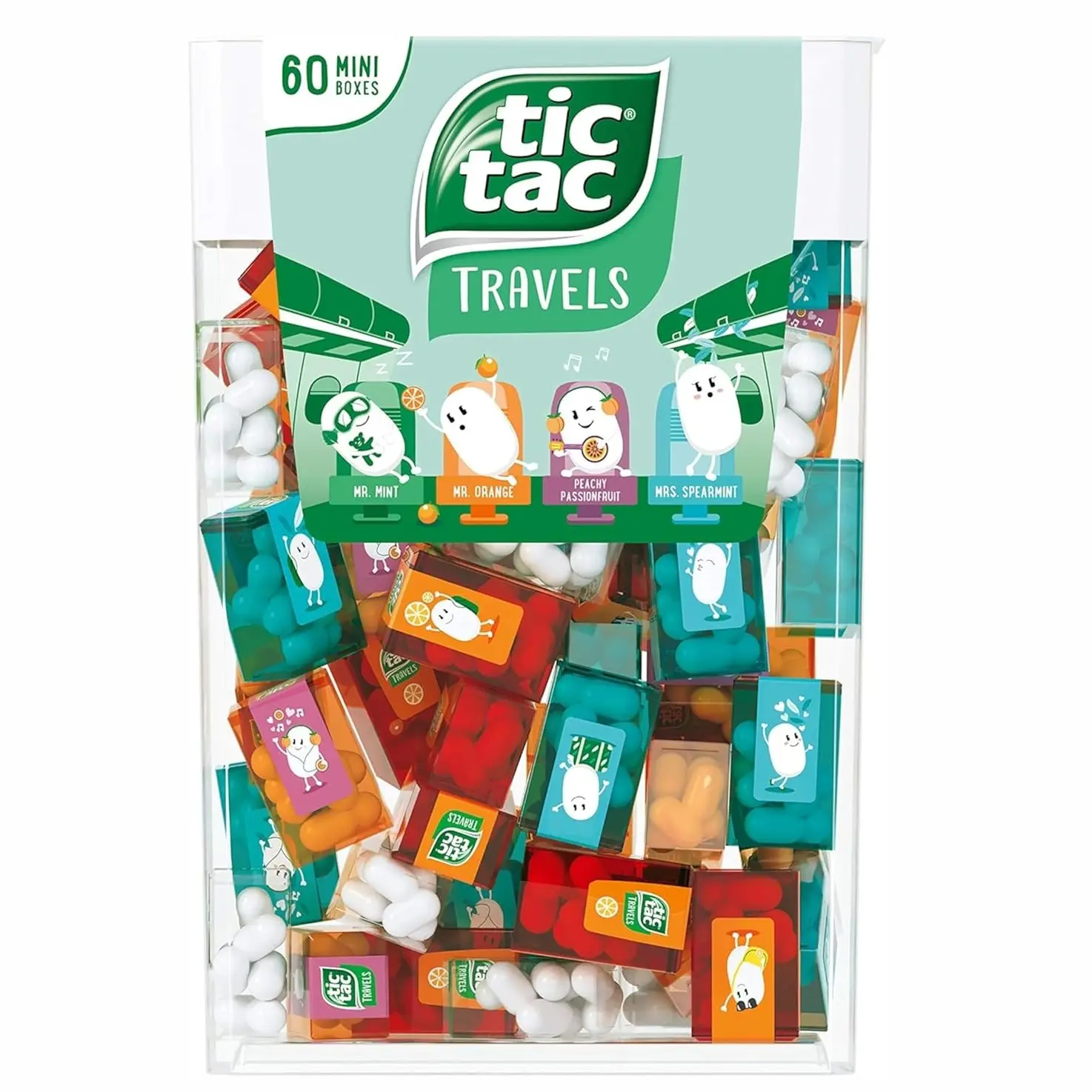 Tic Tac Candy Variety Pack - 60 Pocket-Size Portable Mini Boxes, 5 Flavors (Mint, Orange, Spearmint, Peach, Passion Fruit), 234g Crisp Tropical Twist Candies Pack for Party, Offices, Travel