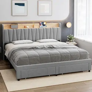 Bed Frame with Storage Headboard and Charging Station, Upholstered Platform Bed Frame with Drawer, Mattress Foundation with Solid Wooden Slats Support, No Box Spring Needed