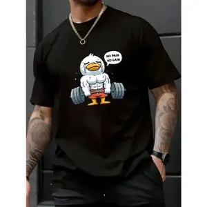 Men's Cotton Crew Neck T-Shirt with Cartoon Duck Weightlifter Graphic, Regular Fit, Knit Fabric, Short Sleeve Casual Weekend Tee with Slight Stretch for Summer - "No Pain No Gain" Print Made in USA