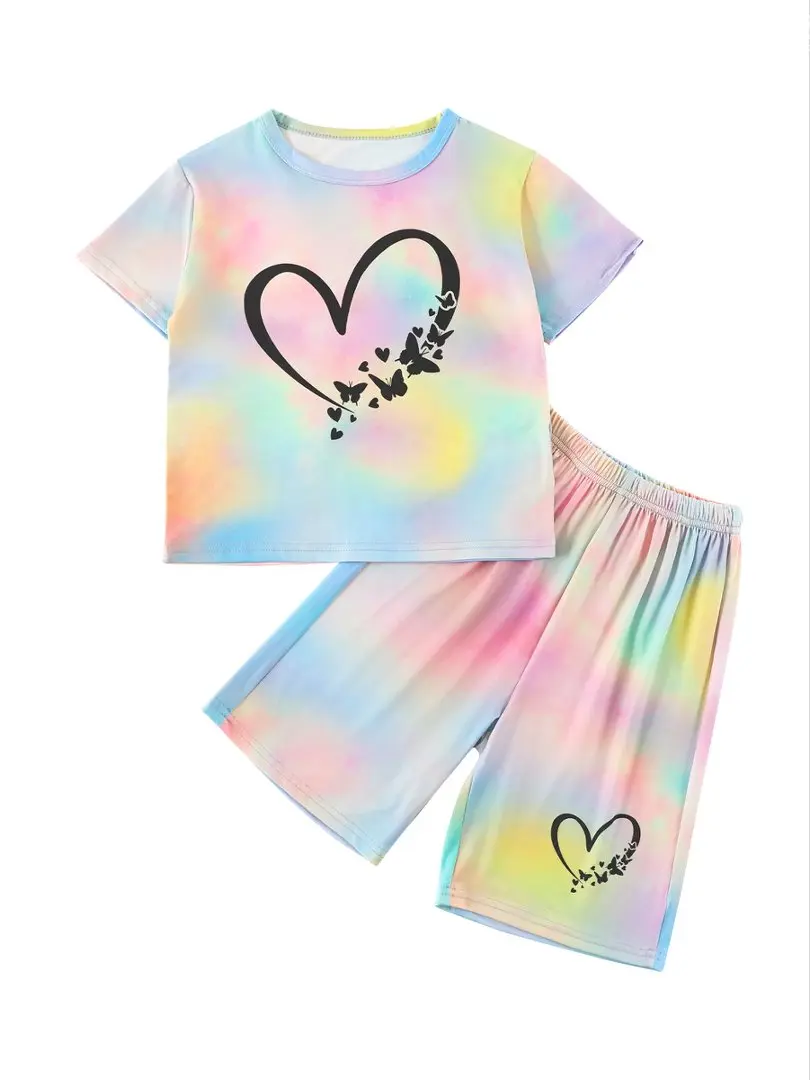 Scbebe Girls Summer Tie-Dye Heart & Butterfly 2-Piece Outfit, Short Sleeve Top & Shorts Casual Set for Kids 7-8 Years
