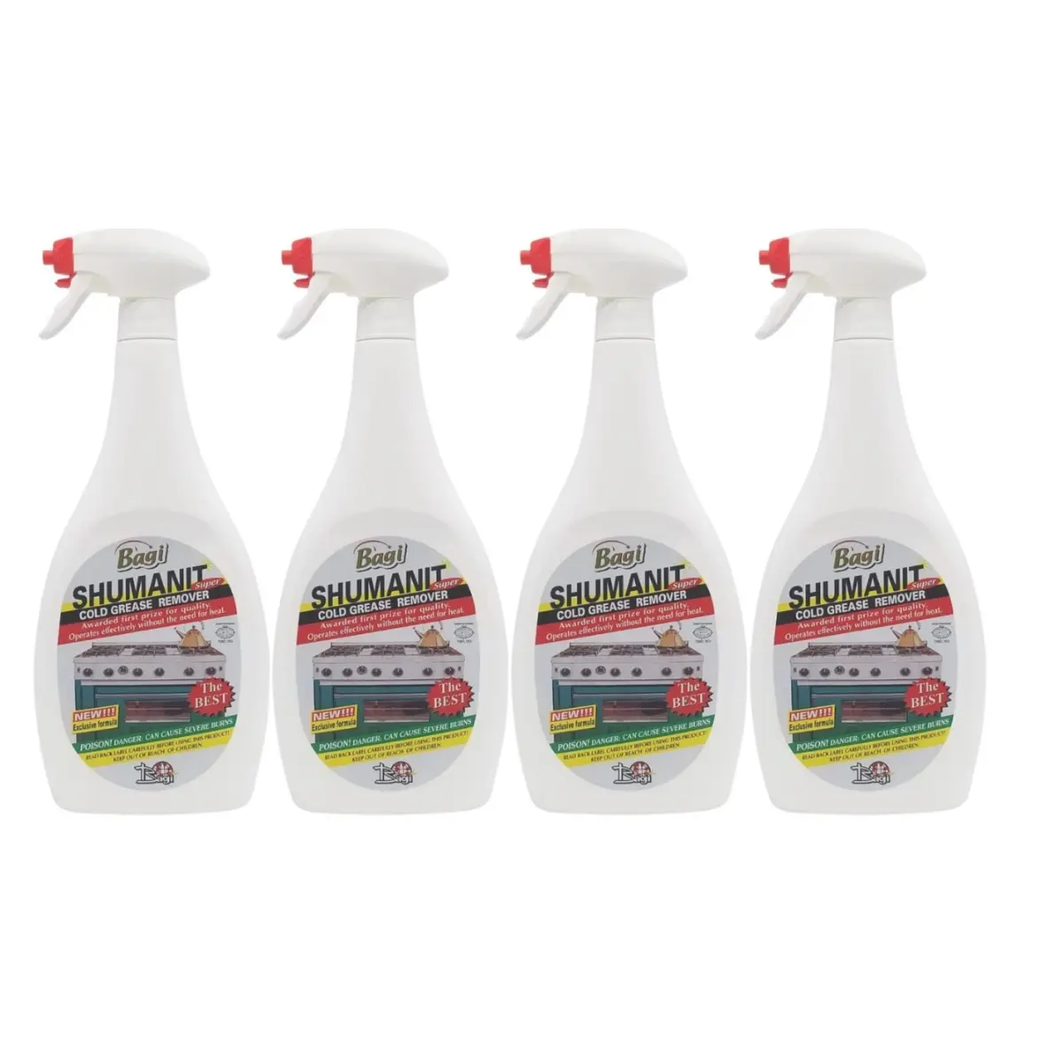 Shumanit Bagi Unscented Hypoallergenic No-Grease Kitchen Spray Cleaner-Degreaser, Lockable Kosher For Passover Indoor Surface Solution, 500-1000 ml Sanisco Packaging, 4 Bottles 26.4 Fl Oz Household Liquid Cleaners