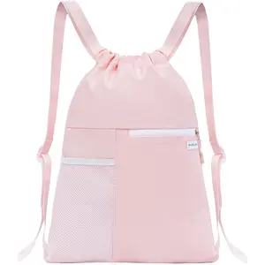 Drawstring Backpack with Mesh Pocket Water Resistant for Beach Swim Sports Gym for Women Men Pink