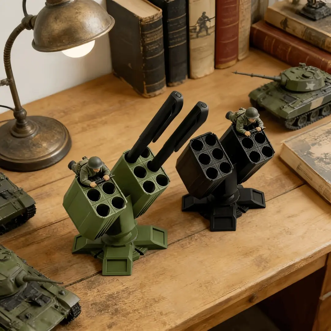 Anti-Aircraft Cannon Pen Holder, Holds 12 Pens, Brushed Metal Missile Launcher Design, Office & Military Style Decor, Office Essentials, Unique Desk Accessory, Pen Holder for Desk, Desk Gadgets, Office Desk Supplies