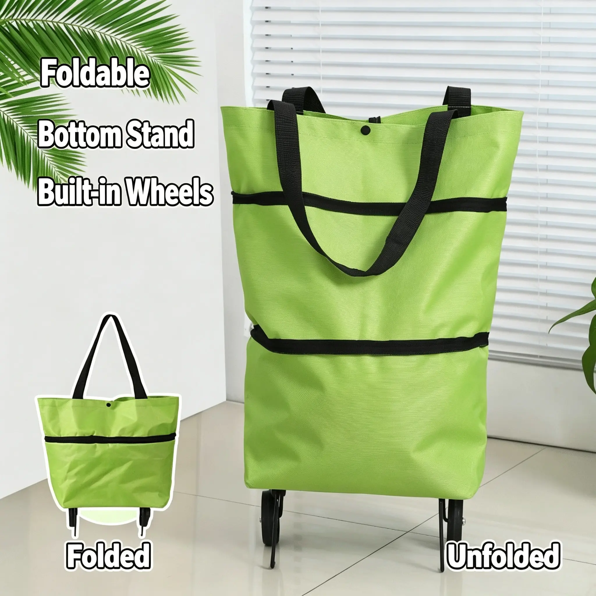 Foldable Wheeled Shopping Bag, Portable Large Capacity Grocery Tote Cart with Wheels, Lightweight Reusable Rolling Tote for Supermarket Household Shopping