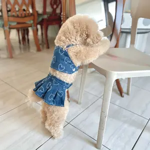 [3pcs Dog Clothes Set] 3pcs Dog Clothes Set |   Denim Heart Pattern Sling Top, Ruffle Skirt & Headband |   Small Dog Dresses for Girls Birthday Party Outfits