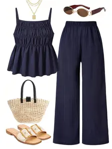 Casual Wrinkle Texture Halter Top and Wide Leg Pants Set, 2-Piece Womenswear for Daily Wear, Vacation, Sister Photos, Spring Summer Clothing