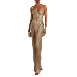Women's Gold Pleated Tie Back Maxi Dress, Sleeveless Backless High Waist Slit Evening Gown, Holiday Party Wedding Guest Dinner Dress for Women