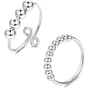 MILACOLATO 2 Pcs 925 Sterling Silver Anxiety Rings for Women & Men with Pearl Anti-Stress Ring Set - Stackable Fidget Rotating Ring Set