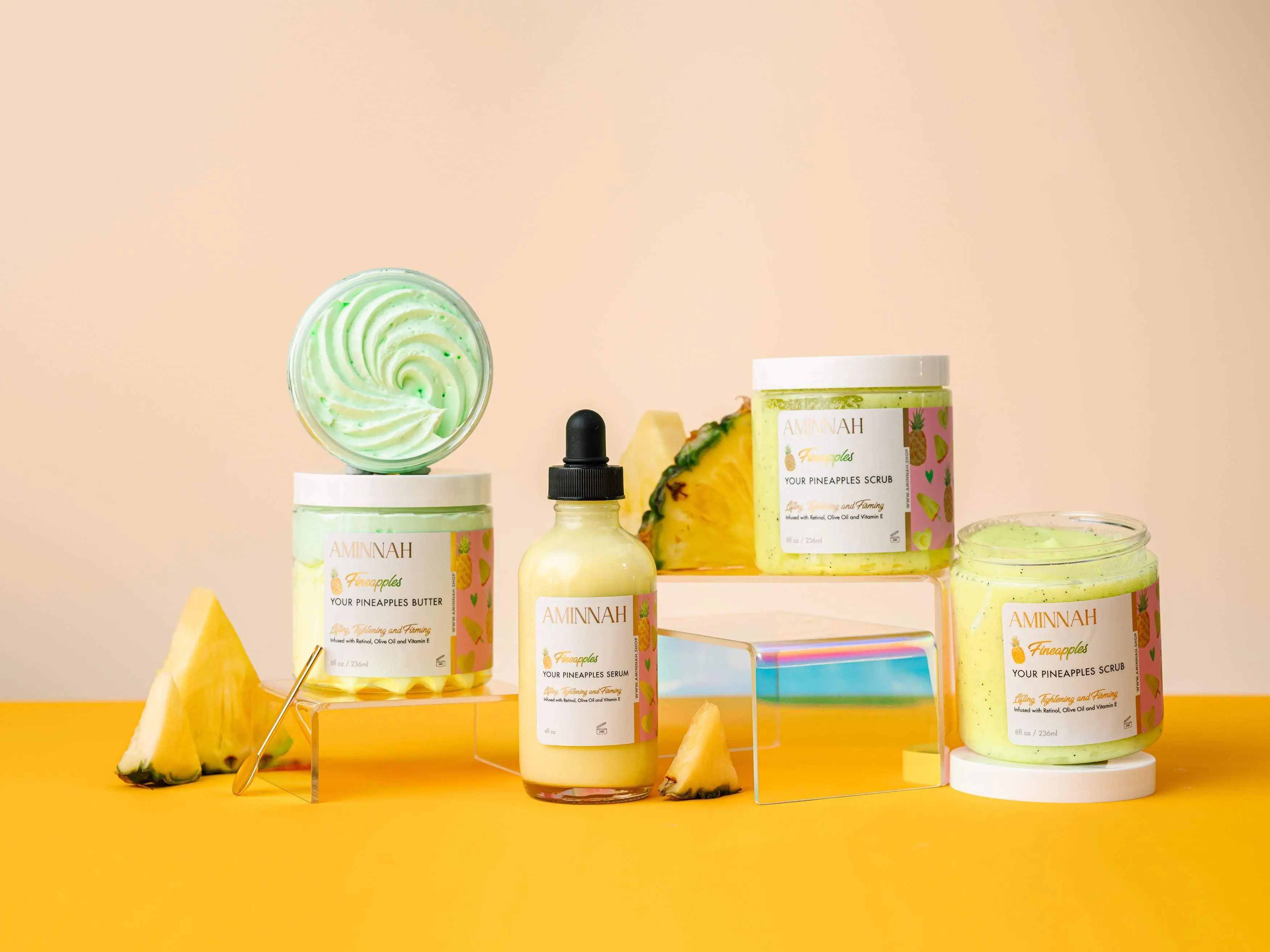 AMINNAH Pineapple 3-Piece Boob Collection Body Care Set - Body Butter, Serum, Sugar Scrub with Retinol, Shea, Olive - Firming, Moisturizing, Anti-Aging, Acne-Treating, Nourishing, Rejuvenating Skin Repair