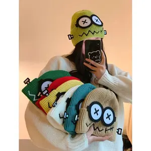 Women's Handmade/Korean Style Big Eyes and Logo Grimace Beanies - Foldable Winter Warm Christmas Cute Cartoon Character Costume Accessories (One Size Fits Most)