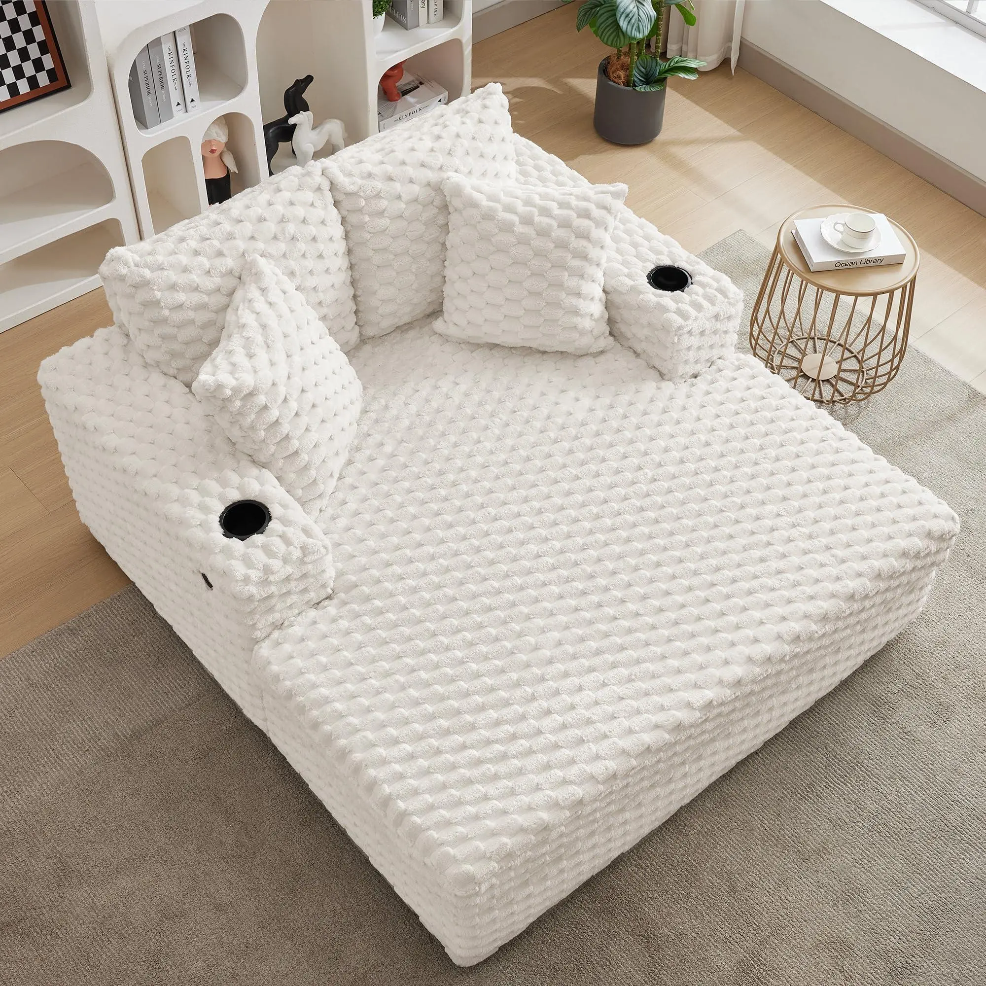 60-Inch Beige Minimalist Corduroy Oversized Chaise Lounge Couch - Modern Upholstered Sofa Bed with Foam, Throw Pillows, Armrests, Removable Cup Holders, USB Ports, Plush Support, Tool-Free Setup for Living Room, Bedroom