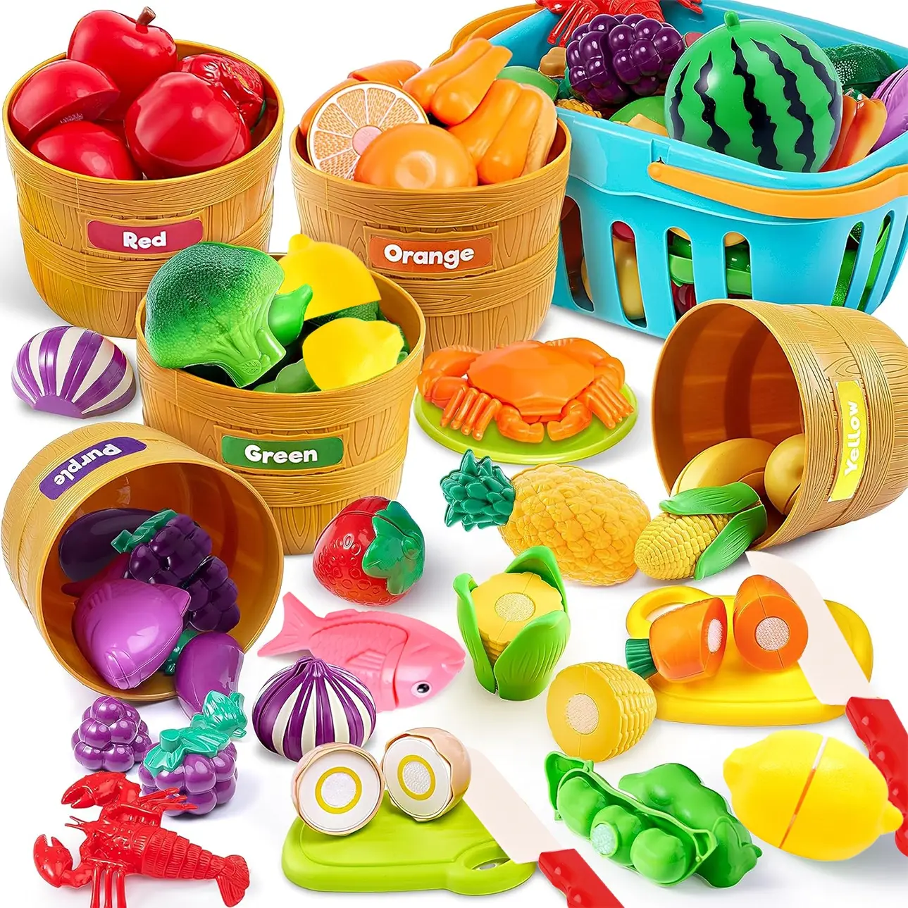 Baby Food Game Set, Pre-School Cutting Fun, Kids Kitchen Accessories, Multiple Vegetable Fruit Styles, Boys Girls Color Sorting Toy, Kitchen Pretend Play Set