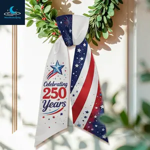 Patriotic 250 Years Celebration Wreath Bow, Red White Blue Door Hanger Ribbon