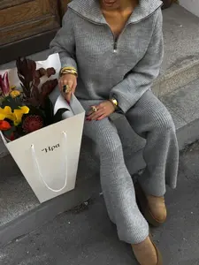 Women's Fashion Casual Loose-Fit Zipper Knitted Sweater Set, High-Waisted Wide-Leg Pants Two-Piece for Spring & Fall Seasons