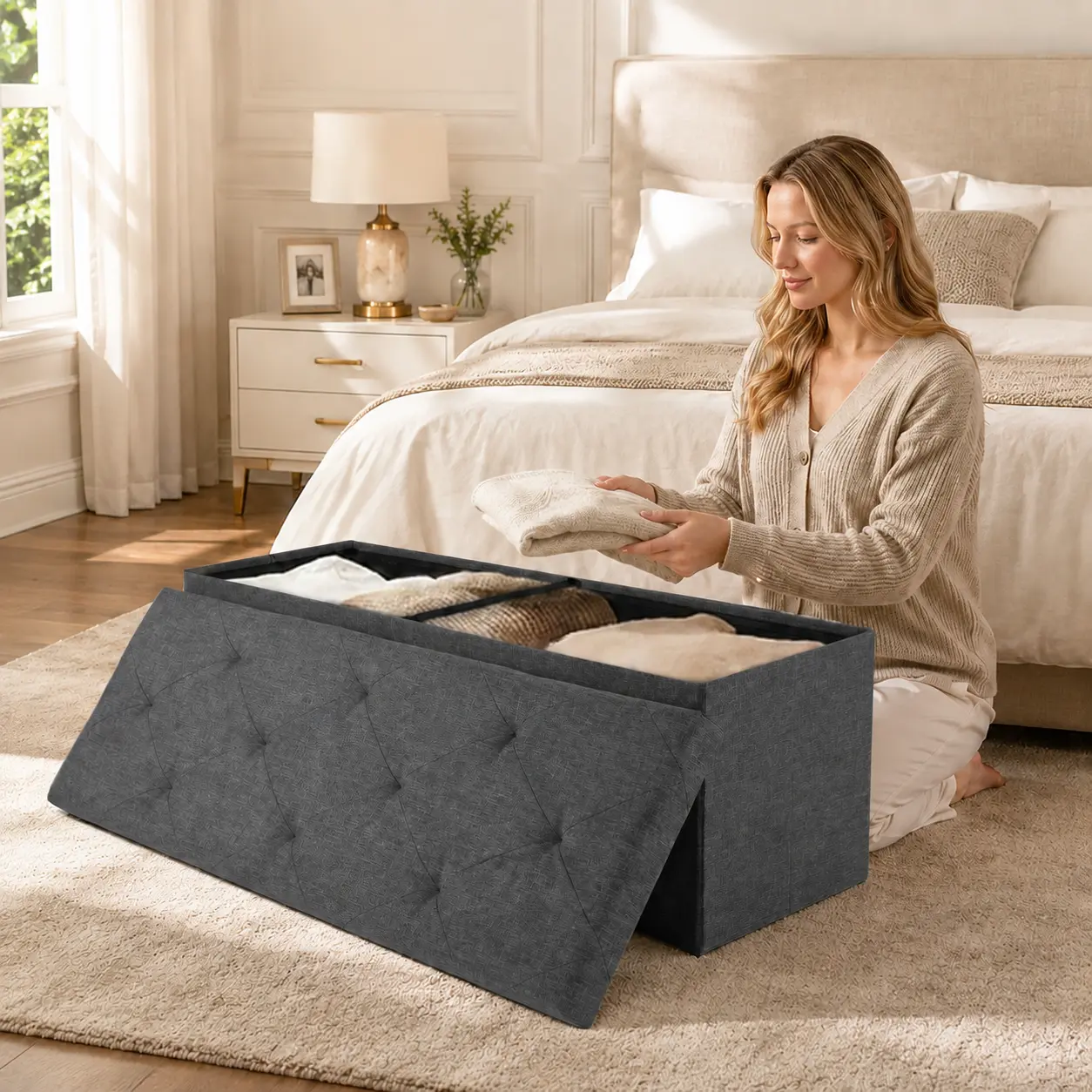 [Summer Deal] Storage Ottoman Bench, Folding Ottoman Stool, Storage Chest, End of Bed Bench with Seating for Bedroom, Living Room Toy Box Footrest Furniture Durable Comfortable Sturdy Interior
