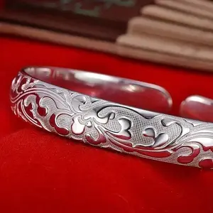 925 Sterling Silver Floral Bangle Elegant Open Bracelet With Beautiful Carvings Perfect For Special Occasions