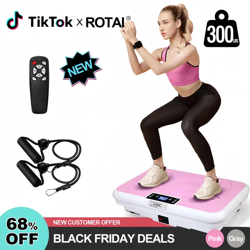 ROTAI Vibratory Plate Machine - Unisex Home Gym Kit with Resistance Bands, 300 lbs Cap, 21*12.6*4.5in, 12 Months Support, Exercise Equipment for Core Training & Whole Body Workout, Indoor Use