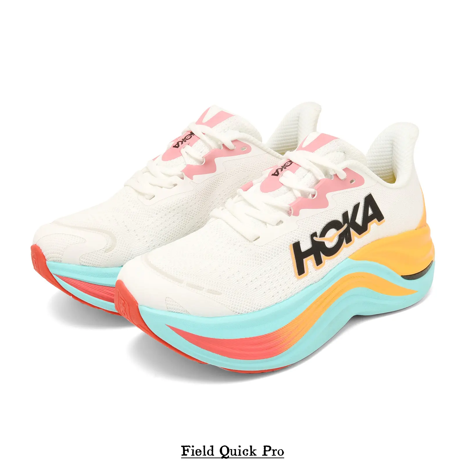 Light Gray-White Runners with Blush Pink Tongue, Sky Blue Structural Line, Coral Orange Midsole Band & Cobalt Blue Outsole Zones — Synthetic Mesh, Layered EVA, Multi-Zone Rubber Tread