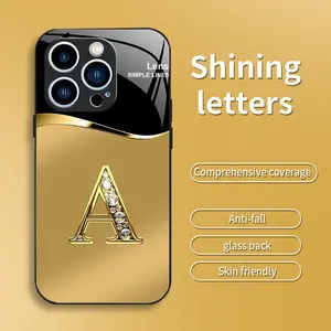 Suitable foriPhone 16 Pro Max/16Pro/16Plus/16/iPhone 15ProMax/15Pro/15Plus/15 New high-end gold letter glass mobile phone case New business simple metal paint electroplated glass mobile phone case Affordable anti-fall and anti-fingerprint-888