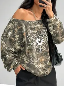 Women's Y2K Style Long Sleeve T-Shirt, Casual Fitted Design, Spider Web Print, Shoulder Cut Out, All Seasons Wear