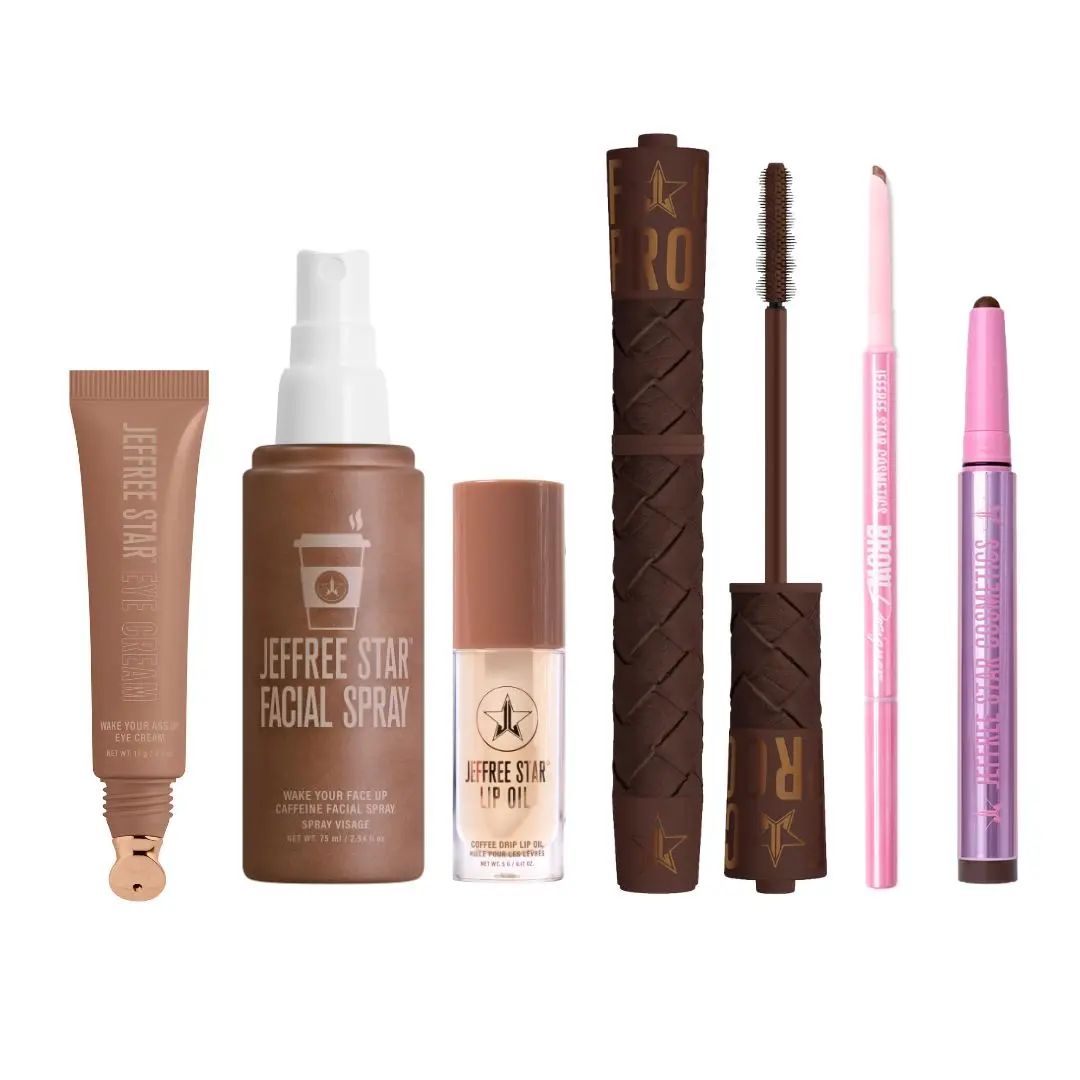 Wake Up & Makeup Bundle - Wake Your Ass Up Eye Cream, Caffeine Mist, Coffee Drip Lip Oil, F*ckproof Mascara (Chocolate Fondue), Eye Crayon (Owl Perched) & Brow Designer (Of Choice)