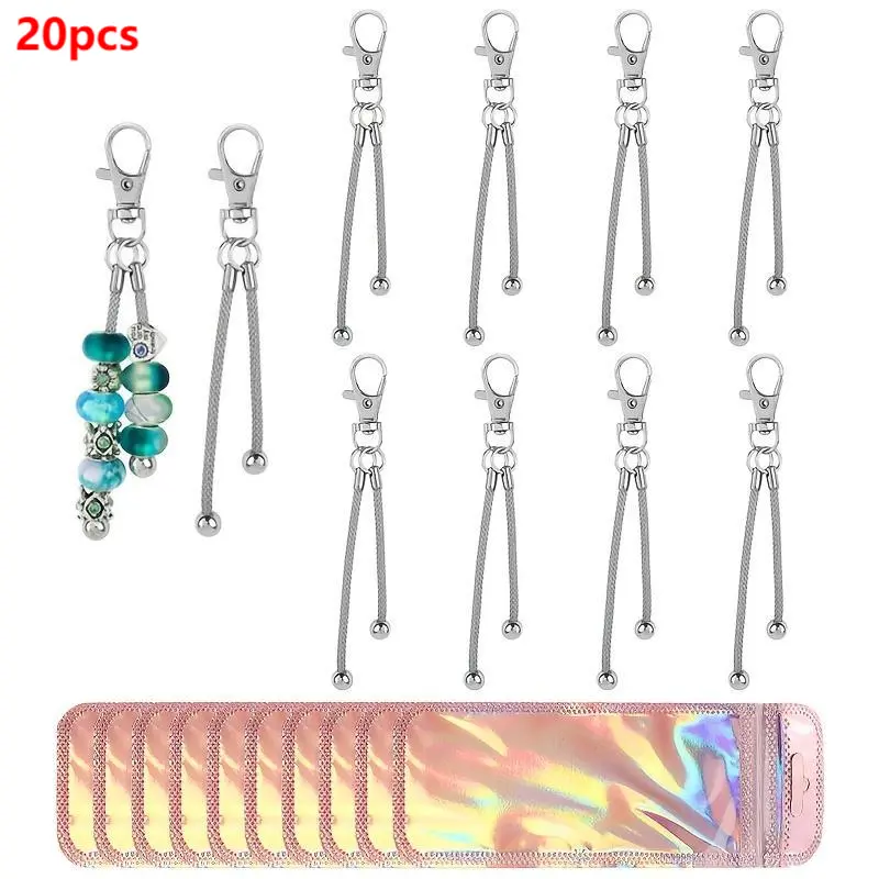 10-Pack Blank Charm Beaded Keychains, Silver-Tone Zinc Alloy Beadable Pendants with 3mm Round Hole for DIY Jewelry Making & Crafting