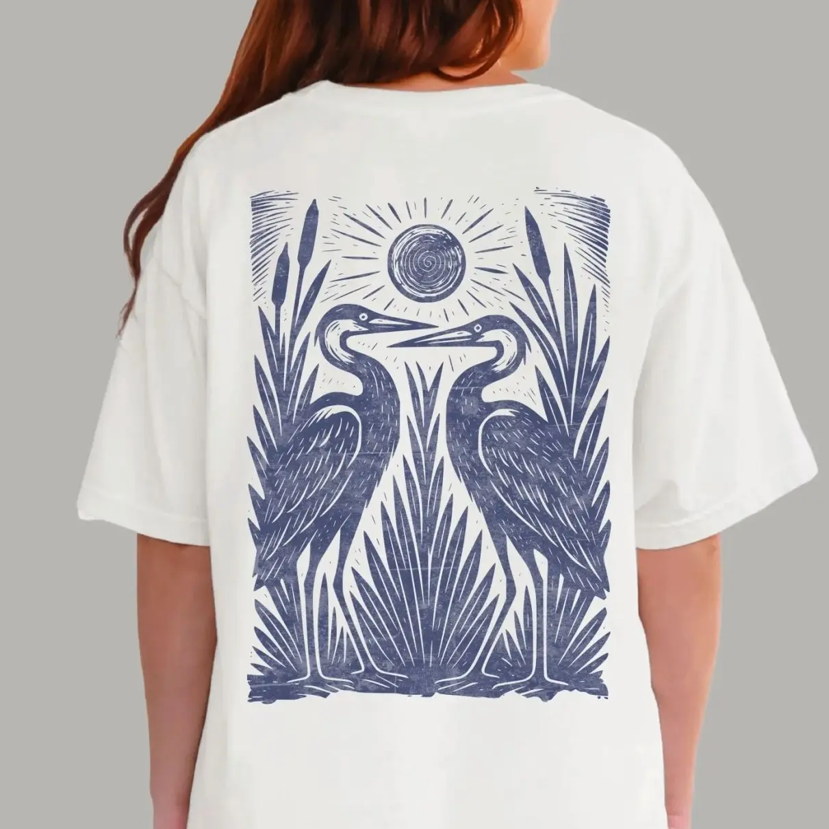 Heron Folk Art T-shirt | Linocut Style Graphic Bird Shirt B6Y