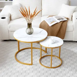 Modern Accent White Round 2-Piece Nesting Coffee Tables, Industrial MDF & Metal Space-Saver Indoor Furniture, Easy-Setup Floor-Mount 2-Piece Sets for Living Rooms, Bedrooms, Modern Accent Table, White Coffee Table