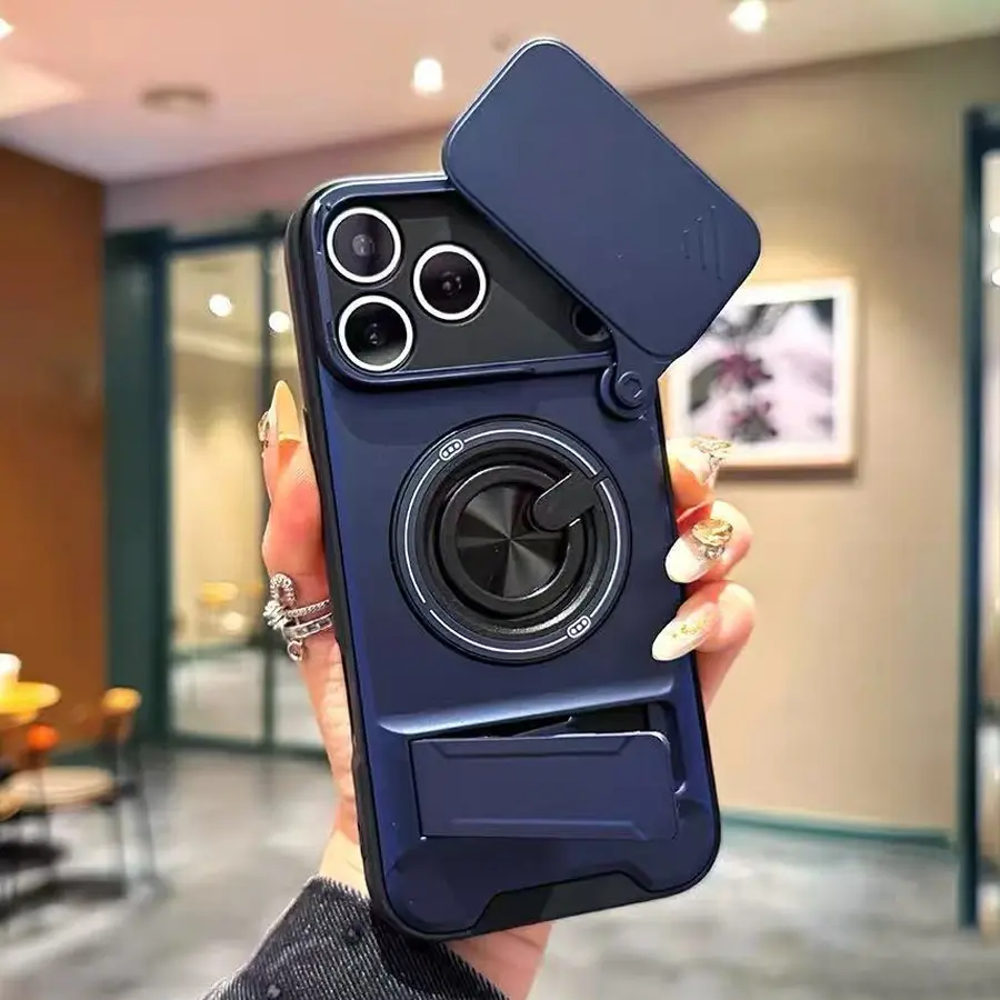 Dual Layer Smartphone Case with Magnetic Rotating Stand & Privacy Camera Cover for iPhone 17/17Air/17Pro Max/16/15/14Plus/13/12/11Pro Max - Handheld Cellphone Protection for Compatible Devices, Casing