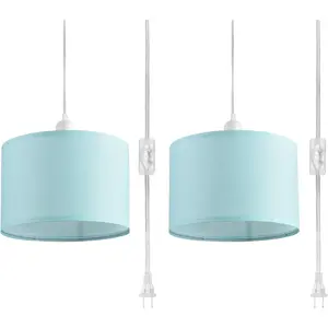 2 Pack Plug in Pendant Light, Hanging Light with 15Ft Clear Cord, On/Off , Blue Fabric Lamp Shade, Hanging Light Fixture for Bedroom, Kitchen, Living Room, Dining Table