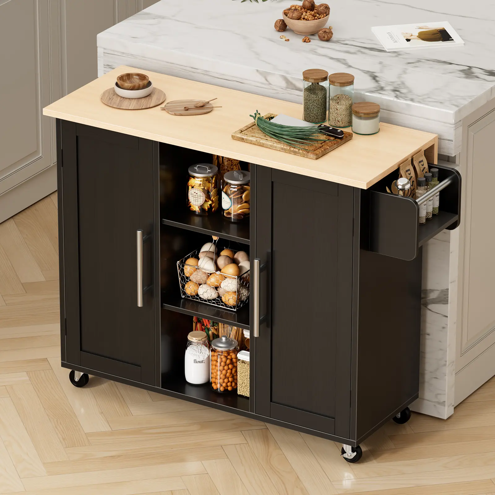 Rolling Kitchen Island Cart with Foldable Drop-Leaf Countertop Storage Cabinets Adjustable Shelves Side Spice Rack Lockable Wheels for Small Kitchen Spaces