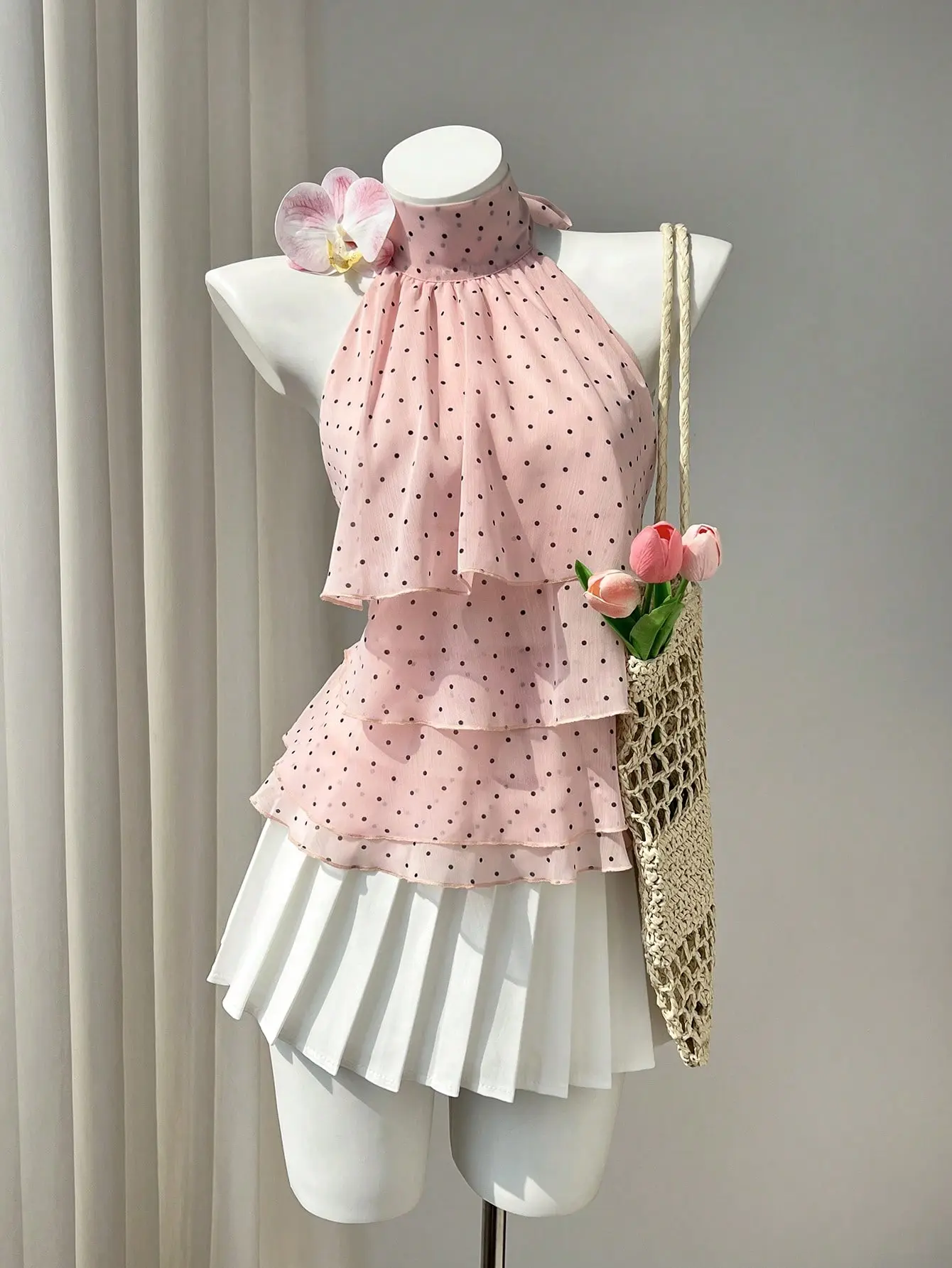 Women’s Polka Dot Halter Blouse, Ruffle Trim Sleeveless Summer Top for Women, Cute Vacation Beach Outfit, Elegant Floral Style Going Out Top for Spring Summer