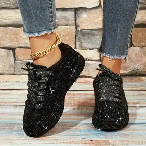 BDHJYDB Sparkle in Style! Black Glittery Sneakers with Laced-Up Design, Ideal for Adding a Touch of Glam to Your Everyday Look, Thick-Soled Sports Shoes